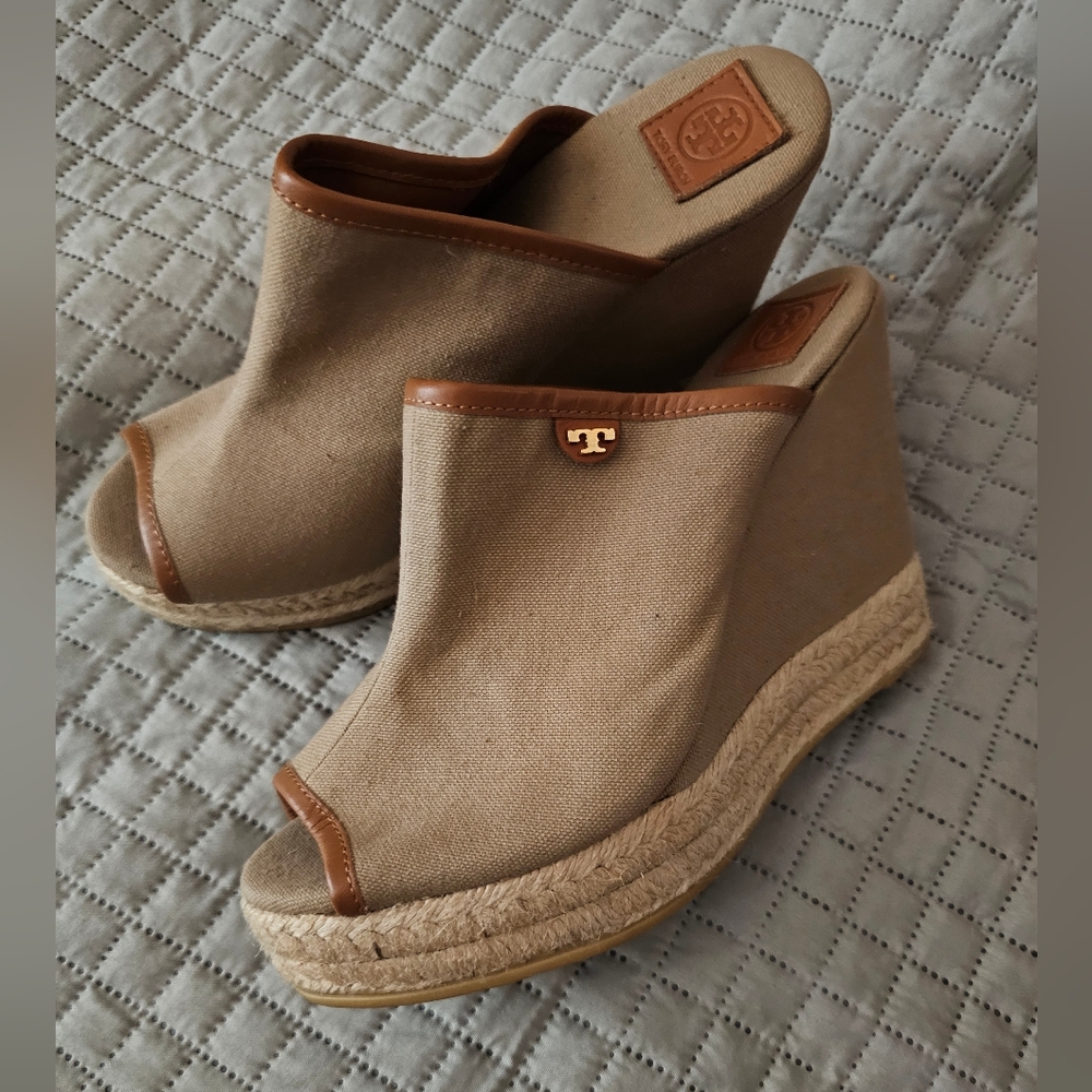 Tory Burch Agatha Tan Canvas Mule Wedges